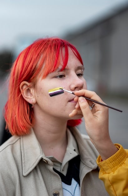 A close-up shot of a cosplayer applying detailed makeup to their face, transforming themself into a character with distinctive facial features. The cosplayer is using various makeup tools and products, showcasing their skills and attention to detail.