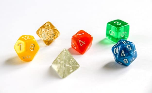 A close-up shot shows several multi-sided dice (d4, d6, d8, d10, d12, d20) scattered on a wooden table. The dice are of various colors (red, blue, green, and black). The focus is on the details of the dice, emphasizing their role in determining chance and outcomes in TTRPGs.