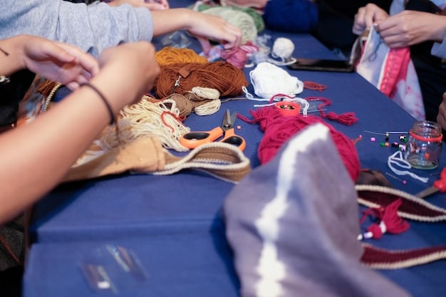 A cosplayer carefully sewing fabric for their costume, with various sewing tools and patterns scattered around them. The focus is on the hands and the meticulous work involved in costume creation.