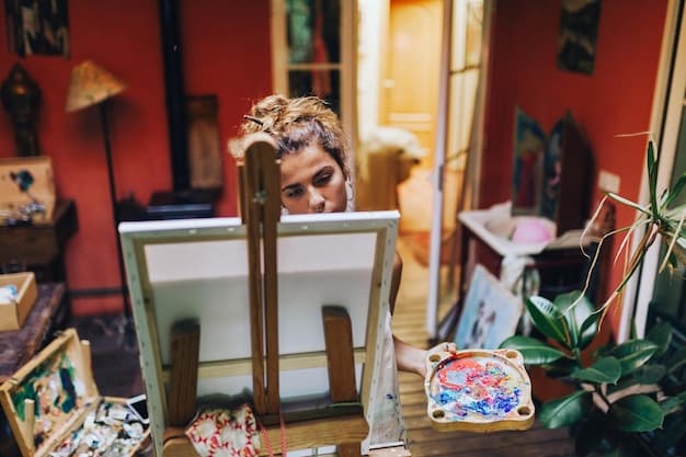 A shot inside Artist Alley, showing artists at their tables, displaying and selling their artwork. Fans are browsing the art and interacting with the artists, creating a lively and engaging atmosphere.