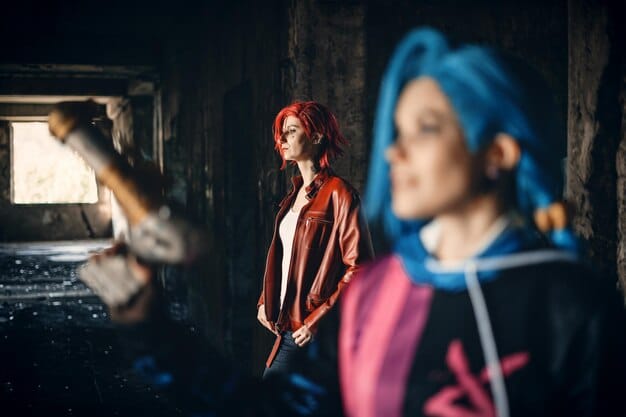 A cosplayer dressed as a character with visible disabilities, confidently posing for a photo at a convention. This highlights the inclusivity and diversity within the cosplay community.