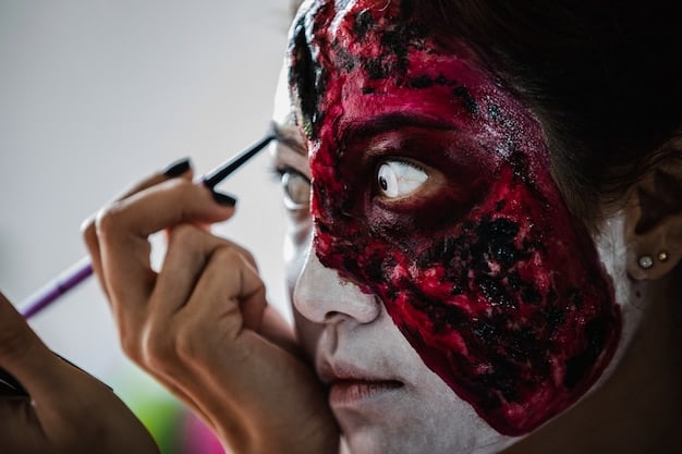 A cosplayer applying intricate makeup to their face, transforming themselves into the likeness of a fictional character. The focus is on the detail and precision of the makeup application.