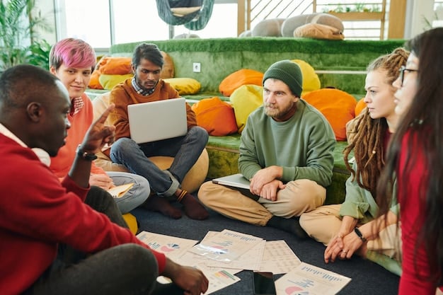 A group of diverse individuals laughing and collaborating around a table filled with comic books, board games, and laptops, showcasing the communal aspect of nerdcore.