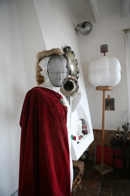 A close-up shot of a cosplayer meticulously working on the details of their costume, using various tools and materials.