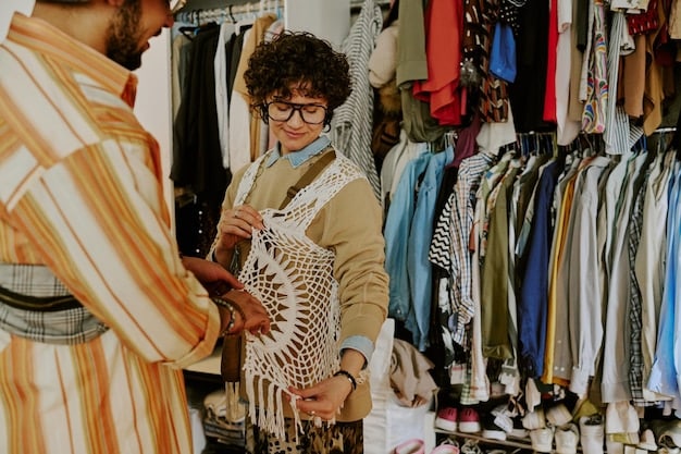 A person browsing through racks of clothing at a thrift store, with focus on unique and vintage items.