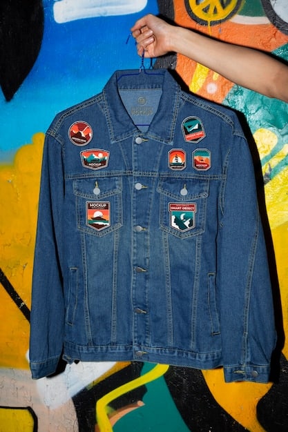 A split image showing a plain denim jacket on one side and the same jacket customized with patches, pins, and painted designs inspired by K-Pop album art and logos on the other side.