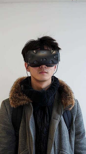 A digitally enhanced image of a K-Pop trainee wearing VR glasses, engaging in a virtual dance practice session with holographic instructors. The background shows a futuristic training facility filled with advanced tech equipment.