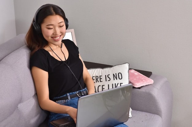 A young woman wearing headphones, sitting at a desk with a laptop displaying Korean lyrics and a notebook with handwritten Korean notes. The scene is set in a bright, modern study space, emphasizing focus and engagement in learning.