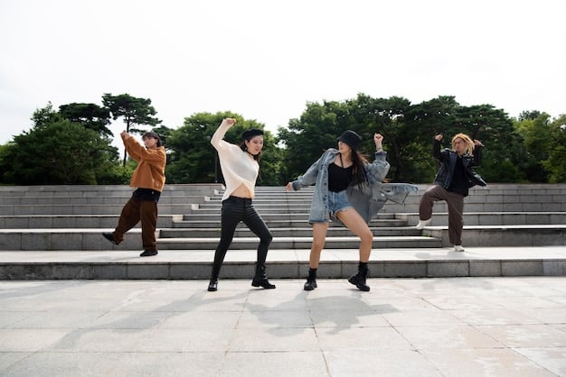 A dynamic shot of a K-Pop group executing a highly synchronized dance routine in their music video. The image captures the precision and energy of their movements, set against a vibrant and colorful backdrop. The members' expressions and body language convey the emotion and message of the song, enhancing the video's overall impact.
