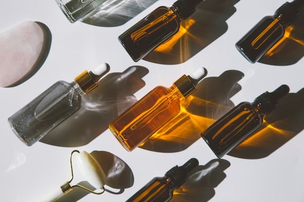 A close-up shot of various K-beauty skincare products, including serums, moisturizers, and essences, arranged on a clean, white surface.