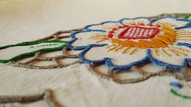 Close-up of embroidery detail on a traditional hanbok, showing intricate patterns and vibrant colors, highlighting the craftsmanship and artistry involved in making authentic hanboks.