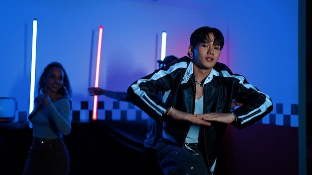 A K-Pop idol is performing a solo dance break on stage during a concert. The lighting is focused on the individual, highlighting the intricate and personal style of the dance. The background shows the silhouettes of other group members, emphasizing the contrast between individual spotlight and group unity.