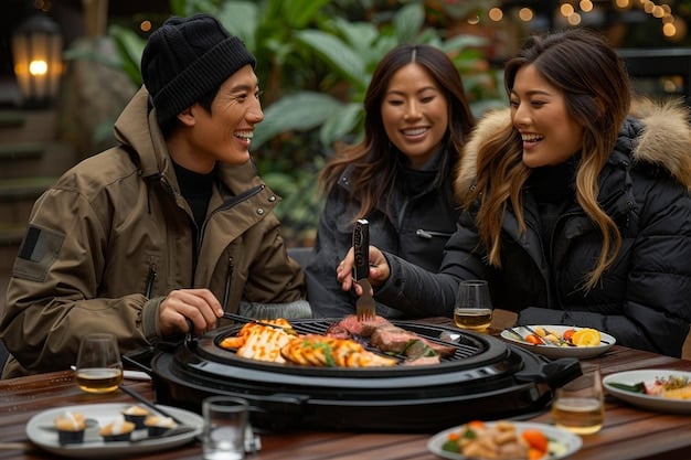 A Korean restaurant scene with a group of friends enjoying a meal of Korean BBQ. The table is filled with various side dishes, and the atmosphere is lively and engaging.