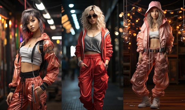 A collage showcasing diverse fashion styles from various K-Pop music videos, including streetwear, high fashion, traditional Korean attire, and futuristic cyberpunk outfits.