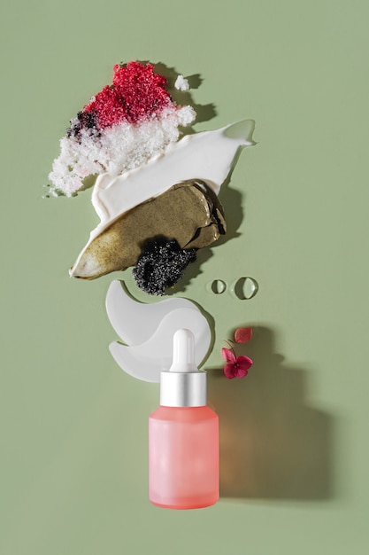 A collage showing various K-Beauty skincare products, including serums, toners, sheet masks, and moisturizers. The products are arranged on a clean white background, highlighting their colorful packaging and textures.