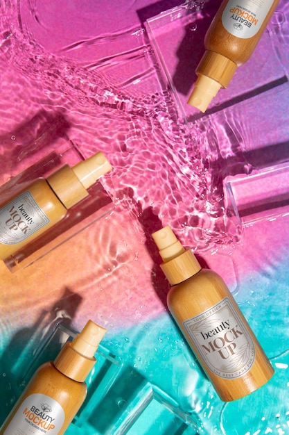 Close-up of various Korean skincare products arranged in a visually appealing manner, showcasing serums, essences, moisturizers, and cleansers. The products feature Korean labels and elegant packaging