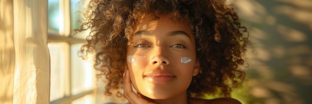 A woman applying sunscreen to her face with a gentle smile, emphasizing the importance of sun protection in the daily skincare routine. The background is a bright, outdoor setting with soft, natural light.
