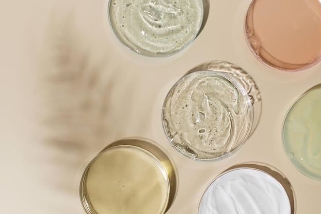 A close-up shot of various K-beauty products, including sheet masks, serums, and moisturizers, arranged aesthetically on a clean surface.