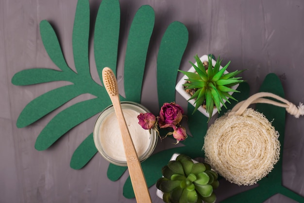 A collection of sustainable K-beauty products, with eco-friendly packaging and natural ingredients, showcased in a minimalist setting.