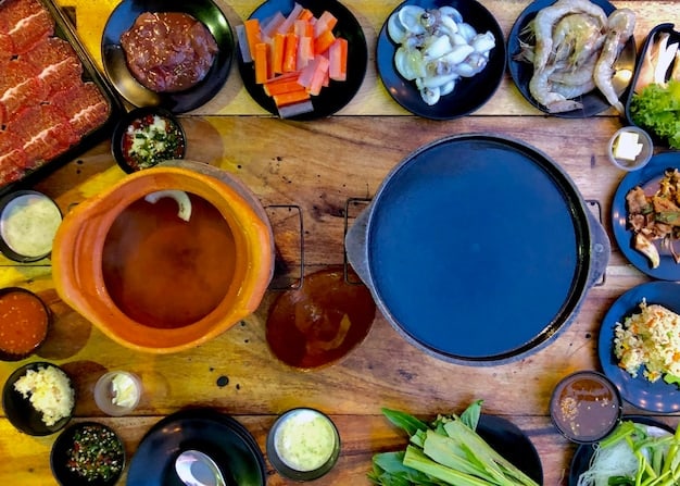 A spread of Korean regional specialties, including Jeju black pork, Busan seafood hotpot, and Jeonju bibimbap, arranged to showcase the diversity and richness of Korean cuisine.