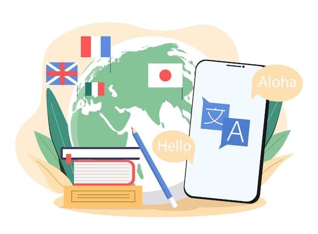 A collage of different language learning resources: Korean textbooks, a smartphone displaying a language learning app, a laptop showing a video call with a Korean language partner, and a person wearing a VR headset immersed in a virtual Korean cultural experience.