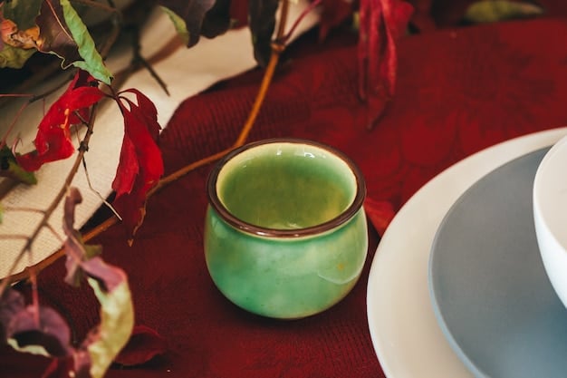 Close-up on the ceremonial tea set (tea pot, cups, tea bowl, and whisk), placed on a traditional Korean table. The colors are muted and the lighting soft.