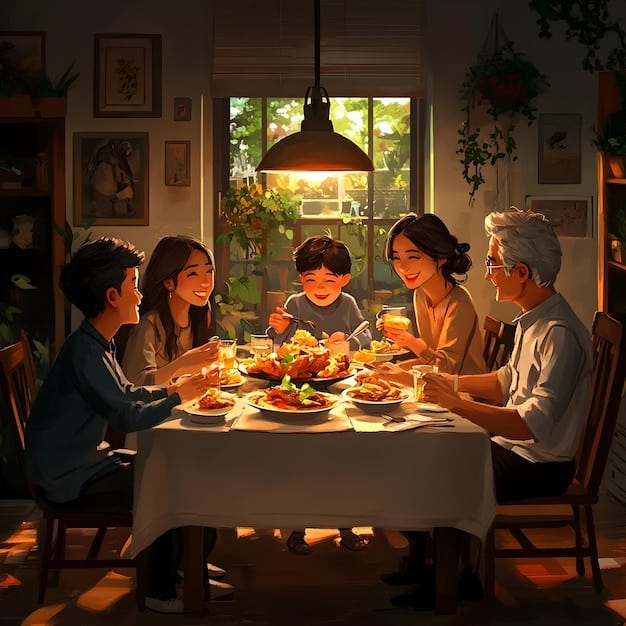 A heartwarming scene showcasing a Korean family enjoying a meal together, full of laughter, conversation, and genuine connection, highlighting the importance of 