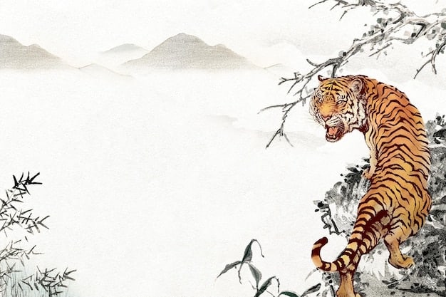A traditional Korean painting depicting a tiger, one of the most revered animals in the Korean zodiac, symbolizing strength, courage, and good fortune. The tiger is set in a lush, mountainous landscape with vibrant colors and intricate details.