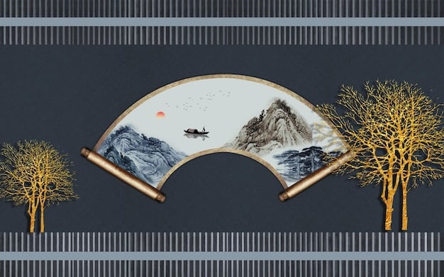 A close-up of a hand-painted Korean folding screen (byeongpung) depicting traditional landscape art with mountains, trees, and mist. The colors are muted with subtle gradients, showcasing the traditional techniques of Korean painting.