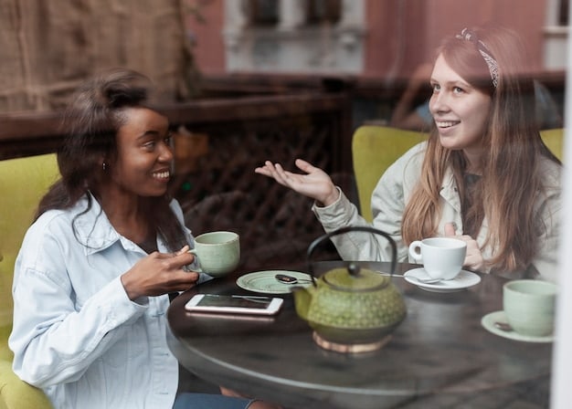 A dynamic image of a language exchange meeting in a coffee shop, with two individuals (one American and one Korean) engaged in animated conversation, surrounded by language learning materials and Korean snacks.