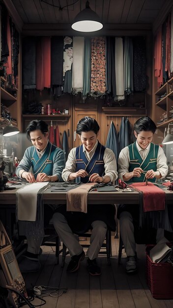 Two colleagues in traditional Korean attire bowing respectfully to each other in a formal office setting, illustrating the importance of respect and hierarchy in Korean workplace culture.
