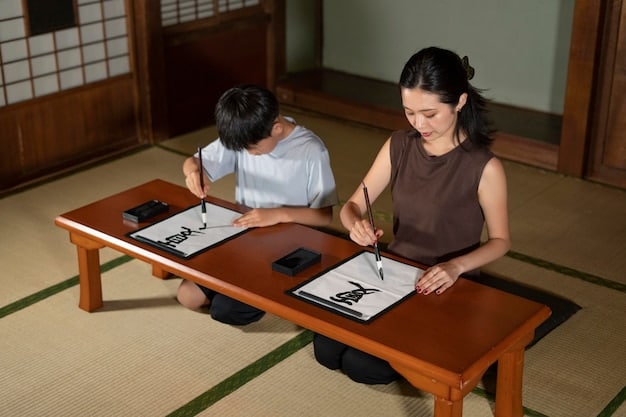 A photograph of a traditional Korean calligraphy class. The students are sitting at desks with calligraphy supplies, the instructor is demonstrating a technique, their faces convey concentration. The classroom has examples of calligraphy.
