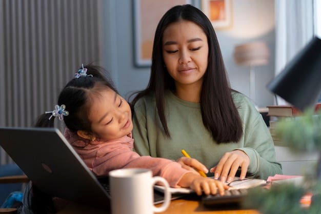 A photo showing a Korean mother and child engaged in studying together. The scene should be warmly lit and emphasize the close bond between the two.