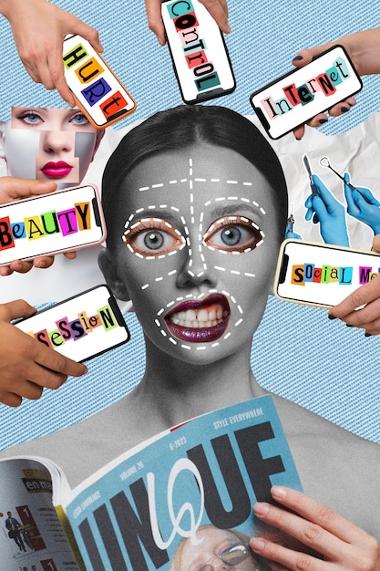 A collage featuring various K-Pop marketing strategies used in the US, including social media ads, music blog reviews, and radio station playlists. Each element should represent a different promotional tactic.