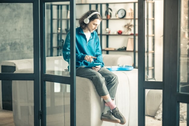A person with headphones on, sitting in a brightly lit room, looking relaxed and content. They are smiling slightly, and their eyes are closed. In the background are potted plants and a window with natural light streaming in. The scene evokes a sense of calm and mindful self-care, contrasting with the intensity of online fandom.