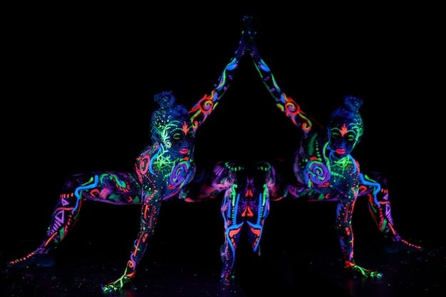 A digitally enhanced image showcasing a dance formation from a K-pop group, overlaid with dynamic motion lines and arrows indicating the flow and complexity of their movements. Visual emphasis on the precision and synchronization of the dancers.