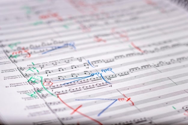 A close-up of sheet music with highlighted vocal ranges, demonstrating the different classifications like soprano, tenor, alto, and bass, each with specific note ranges marked.