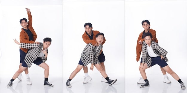 A split-screen image showing a K-Pop group performing a dance routine on the left and fans recreating the dance on TikTok on the right. The K-Pop group is brightly lit and energetic, while the fans showcase diverse backgrounds and settings, highlighting the global reach of the dance challenge.