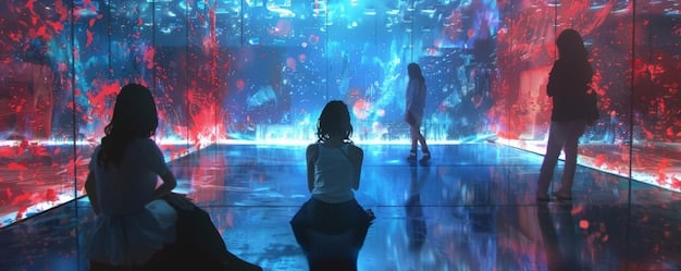 A virtual concert scene in the metaverse with holographic K-Pop idols performing on a futuristic stage, surrounded by fans in VR headsets. The scene should be vibrant and colorful, highlighting the immersive experience.