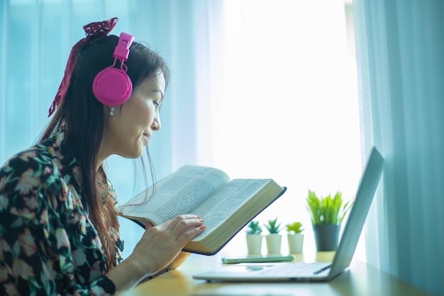 A student wearing headphones and holding a Korean textbook, with a laptop displaying K-Pop lyrics and translations. The setting is a bright and modern study space.