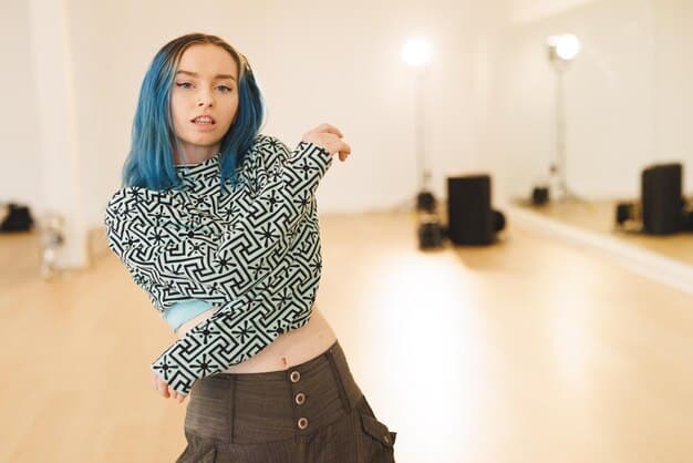 A photo of a K-Pop trainee practicing dance moves in a dance studio. The image captures the intensive training and dedication required to become a K-Pop idol.