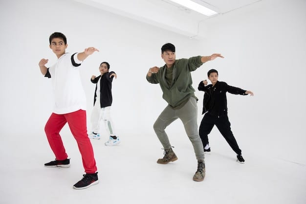 A split-screen image showing a K-Pop group performing a complex dance routine on one side and a group of US teenagers recreating the same dance in their living room on the other side. The image highlights the global reach and participatory nature of K-Pop dance challenges. Both groups are smiling and enjoying the activity.