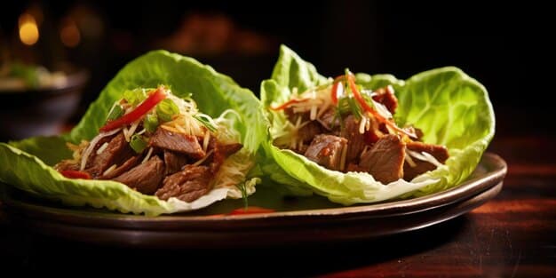 A vibrant image showcasing Korean fusion cuisine, specifically Korean tacos with bulgogi beef, kimchi slaw, and a drizzle of spicy gochujang sauce. The tacos are presented on a wooden board with a side of sesame-sprinkled fries and a small bowl of kimchi.