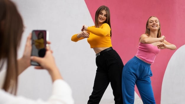 A split screen showing a TikTok video of a K-Pop group performing a dance challenge on one side, and a compilation of fans around the world recreating the same dance on the other side. The text overlays highlights the hashtag and song title.