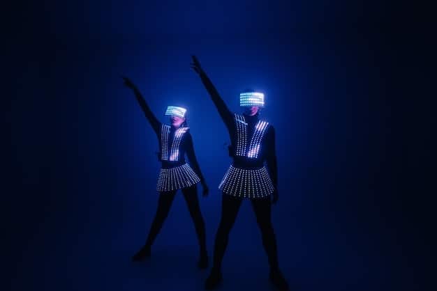 A futuristic scene showing a K-Pop dancer wearing a VR headset, surrounded by holographic projections of dancers and AI-generated visual effects, illustrating the integration of technology in K-Pop dance training and performance.
