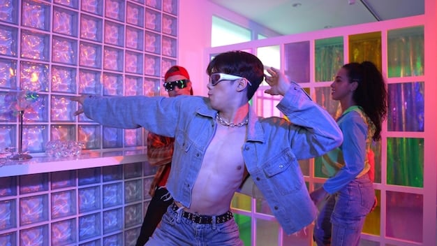 A K-Pop concert scene, with holographic idols performing alongside their real-life counterparts, surrounded by fans wearing VR headsets for an immersive experience.