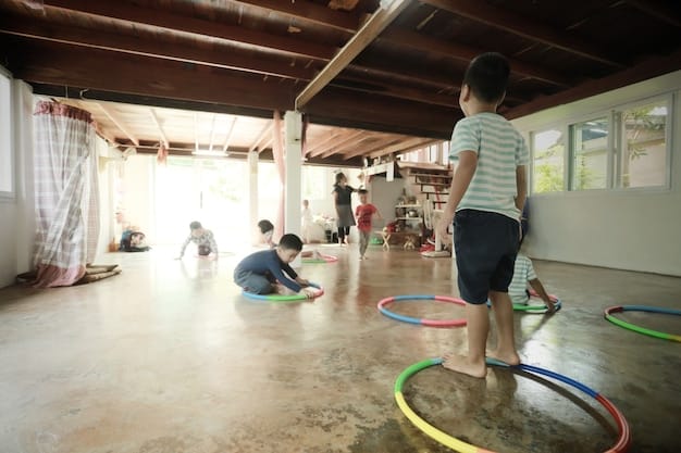 A wide shot of a Korean-American community center during Seollal. Families are gathered, some playing yut nori, others preparing food, and a group of elders are watching a traditional dance performance. Banners with Korean New Year greetings are visible.