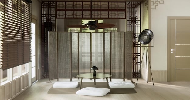 A modern US apartment featuring a room divider inspired by Korean folding screens (Byōbu). The screen is made of translucent paper and a dark wooden frame. Soft light filters through the screen, creating a calming and private space within the larger living area.