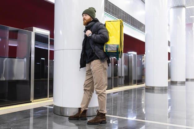 A US traveler standing in a Korean subway station, confidently pointing to a sign while asking a local for directions in basic Korean. The station is clean and modern, with clear signage in both Korean and English. The traveler is smiling, and the local appears helpful and friendly.