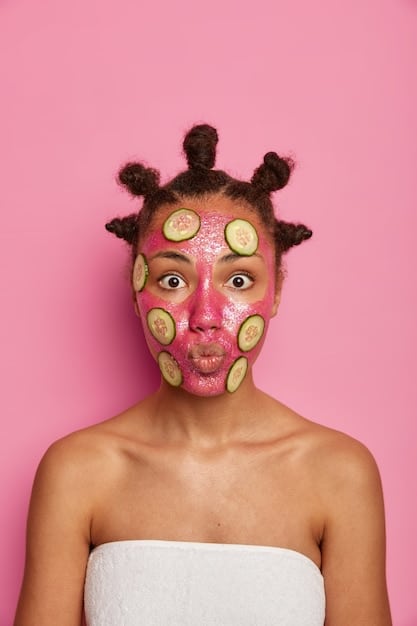 Close-up shot of a woman's face with a variety of colorful sheet masks displayed around her, representing different ingredients and benefits such as hydration, brightening, and soothing. Her expression is relaxed and happy.